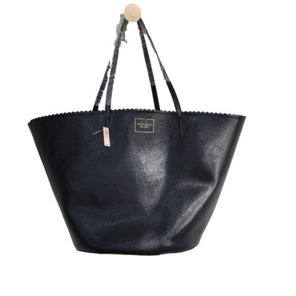 Victoria's Secret Bombshell Large Black Faux Leather Floral Lined Tote NWT